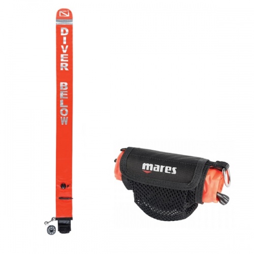 Буй маркер (сосиска) 180см в сумке с шпулей 20м, с клапаном и штуцером поддува, оранжевый MARES
